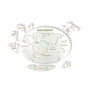 Układanka Mapa Świata Kontynenty Baza DIY - elementy mapy i kontynenty rozłożone wokół owalnej bazy o wymiarach 37,4 x 28 cm.