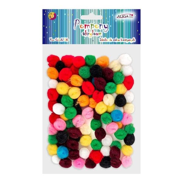 Pompony Akrylowe Mix Kolorów 1,5 cm 100 szt Opakowanie z kolorowymi pomponami akrylowymi o średnicy 1,5 cm w zestawie 100 sztuk, przeznaczonym do rękodzieła.