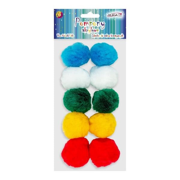 Pompony Akrylowe Pluszowe Miękkie 5 cm 10 szt DIY Mix Kolorów Opakowanie zawiera zestaw 10 sztuk kolorowych pomponów akrylowych o średnicy 5 cm w miksie barw.