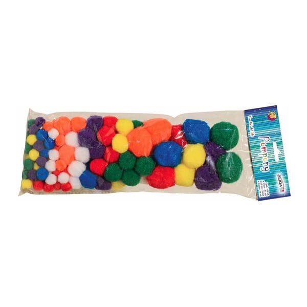 Pompony Dekoracyjne Mix Kolorów 100 szt w 3 rozmiarach (1,5, 2,5, 3,8 cm) Przezroczyste opakowanie zawierające zestaw 100 sztuk kolorowych pomponów dekoracyjnych w mixie rozmiarów i barw.