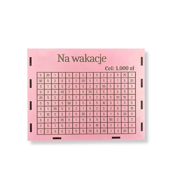 Różowa skarbonka wykreślanka z grawerem celu HDF o wymiarze 21 cm w widoku z góry na całą planszę z kwotami.