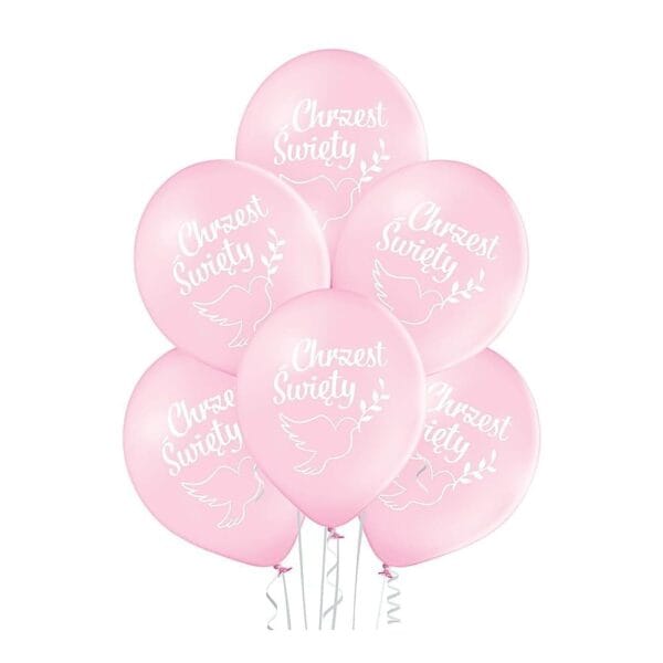 Różowe Balony Lateksowe na Chrzest 30 cm z Białym Nadrukiem 6 szt Zestaw 6 różowych balonów lateksowych na chrzest o średnicy 30 cm z białym nadrukiem gołębia i napisem.