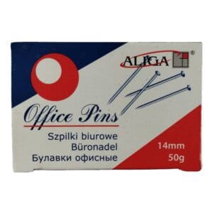 Szpilki Krawieckie Biurowe 14 mm 50 g Opakowanie szpilek krawieckich biurowych o długości 14 mm i wadze 50 g z widoczną grafiką szpilek i napisem Office Pins.