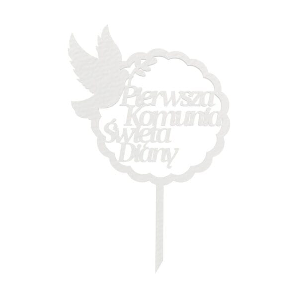 Personalizowany topper komunijny z białej płyty HDF o średnicy 18 cm z imieniem Diany i motywem gołąbka na torcie.