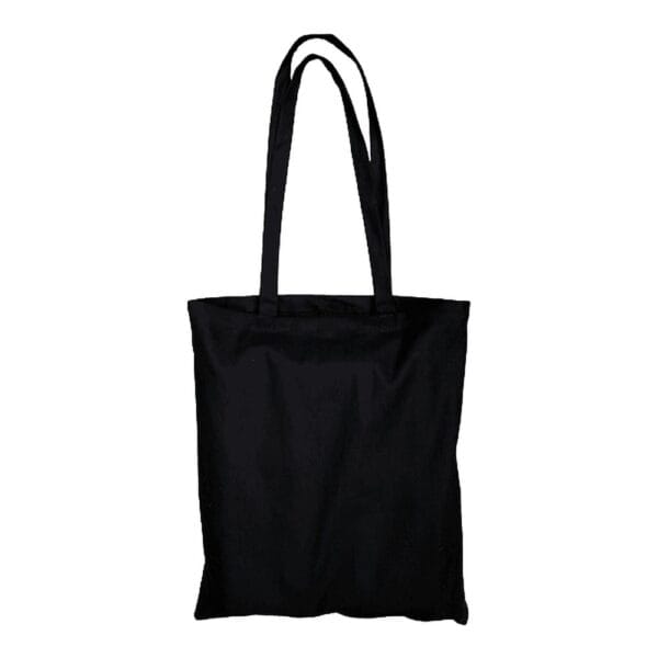 Torba Bawełniana na Zakupy EKO Czarna 145 g Wielorazowa Torba Shopper Czarna torba bawełniana na zakupy z długimi uchwytami, pokazana w całości na białym tle.