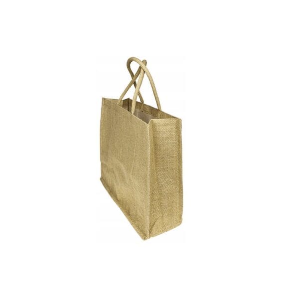 Torba Jutowa Laminowana 42 x 36x15 cm Wytrzymała Torba na Zakupy Eko Beżowa torba jutowa laminowana 42 x 36 x 15 cm z wytrzymałymi uchwytami, pokazana w ujęciu trójwymiarowym.