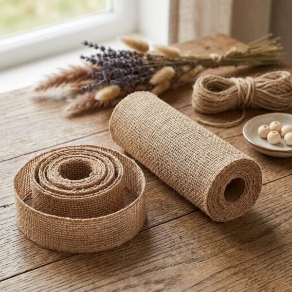 Wstążka Juta Dekoracyjna 25 cm x 5 m Naturalna Taśma Jutowa 180 g/m² - zdjęcie 2 Różne szerokości naturalnej wstążki jutowej 25 cm x 5 m obok sznurka i suszonych kwiatów na drewnianym stole.