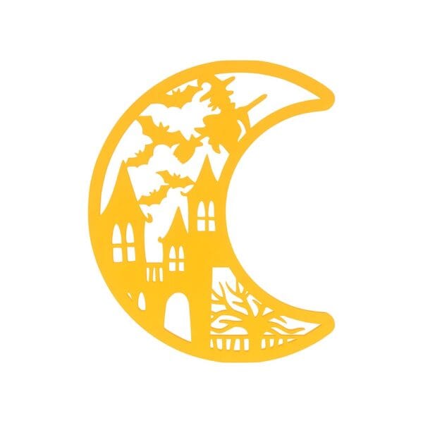 Zawieszka Dekoracyjna Halloween Księżyc Wiedźma Pomarańczowa HDF Pomarańczowa zawieszka dekoracyjna Halloween Księżyc Wiedźma z HDF z precyzyjnie wyciętym motywem zamku i nietoperzy.
