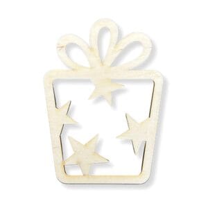 Zawieszka drewniana DIY o wymiarach 7,1 x 10 cm z motywem prezentu i gwiazdek, wykonana techniką cięcia laserowego ze sklejki.