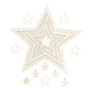 Zestaw Drewnianych Gwiazd do Rękodzieła 4 Obręcze, 10 Gwiazdek Sklejka 3 mm Kompletny zestaw drewnianych gwiazd do rękodzieła zawiera 4 obręcze ze sklejki oraz 10 małych gwiazdek.