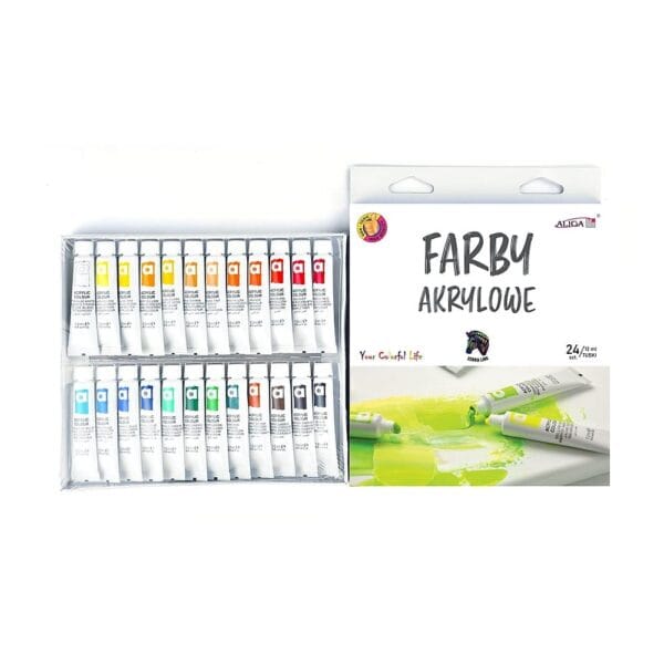 Zestaw farb akrylowych 24 kolory 12 ml obok kartonowego opakowania z grafiką rozmytej zielonej farby.