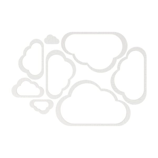 Komplet siedmiu białych obręczy do makramy chmurki baza DIY w różnych rozmiarach rozłożonych obok siebie na płaskiej powierzchni.
