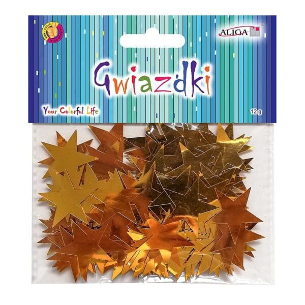 Złote Gwiazdki Dekoracyjne Plastikowe 3,8 cm 12 szt Opakowanie zawierające złote gwiazdki dekoracyjne plastikowe 3,8 cm 12 szt widoczne w foliowej torbie z etykietą Aliga.