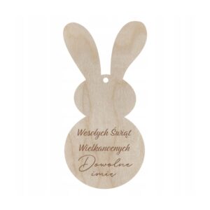 Drewniany Zajączek Wielkanocny z Imieniem Zawieszka Personalizowana 5,5 x 11 cm z życzeniami, wielkanocnymi jajkami i królikiem.