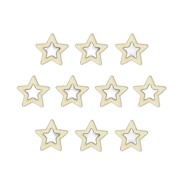 Gwiazdki Ażurowe Sklejka Drewniana Laser 20 mm 10 szt Zestaw dziesięciu drewnianych gwiazdek ażurowych ze sklejki 20 mm w różnych wariantach wykończenia.